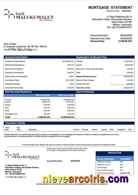 Indonesia Bank Maluku Malut mortgage statement Word and PDF template